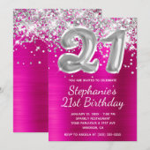 Silver Glitzer Ballon Hot Pink 21. Geburtstag Einladung (Vorne/Hinten)