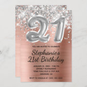 Silver Glitzer Ballon Rose Gold 21. Geburtstag Einladung (Vorne/Hinten)