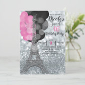 Silver Glitzer & Balloons Paris Eiffel Tower Party Einladung (Stehend Vorderseite)