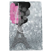Silver Glitzer & Balloons Paris Eiffel Tower Party Mittlere Geschenktüte (Vorderseite)