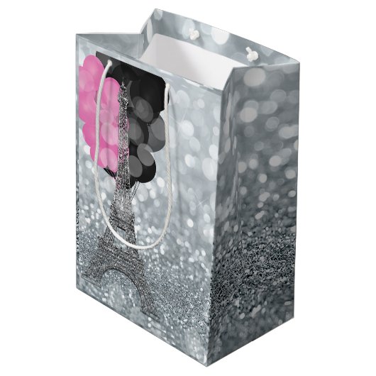 Silver Glitzer & Balloons Paris Eiffel Tower Party Mittlere Geschenktüte (Rückseite Schrägansicht)