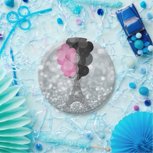 Silver Glitzer & Balloons Paris Eiffel Tower Party Pappteller (Party)