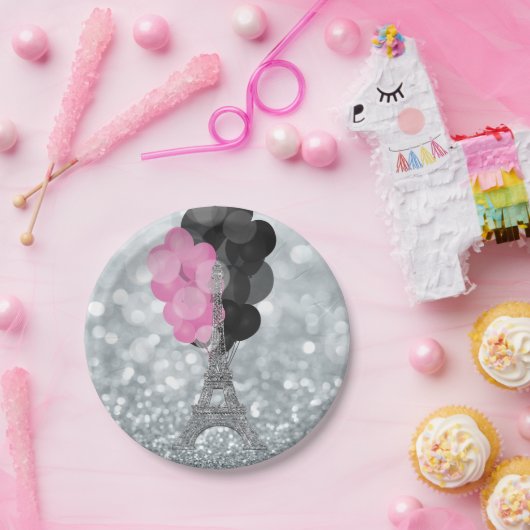 Silver Glitzer & Balloons Paris Eiffel Tower Party Pappteller (Party)