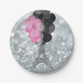 Silver Glitzer & Balloons Paris Eiffel Tower Party Pappteller