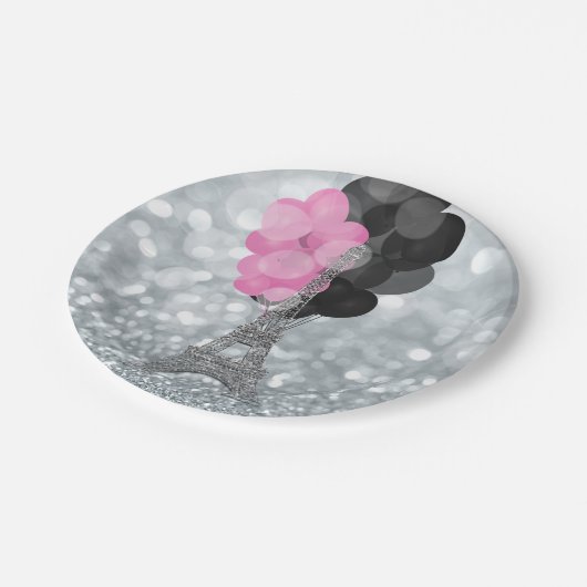 Silver Glitzer & Balloons Paris Eiffel Tower Party Pappteller (Schrägansicht)