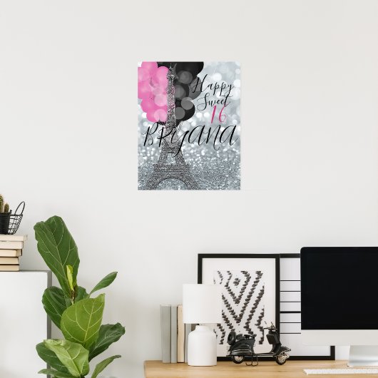 Silver Glitzer & Balloons Paris Eiffel Tower Party Poster (Heimbüro)