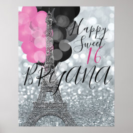 Silver Glitzer & Balloons Paris Eiffel Tower Party Poster