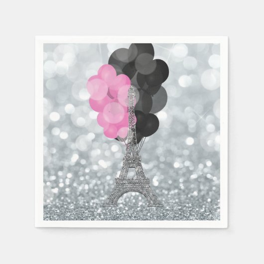 Silver Glitzer & Balloons Paris Eiffel Tower Party Serviette (Vorderseite)