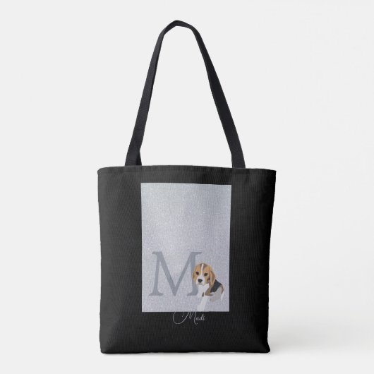 Silver Glitzer Beagle Dog Lover Custom Monogram Tasche (Rückseite)