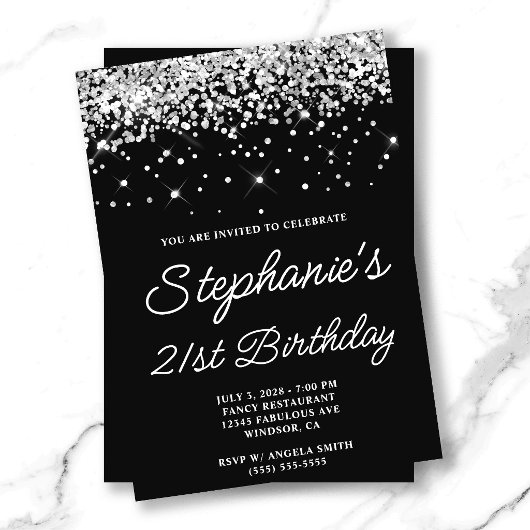 Silver Glitzer Black 21. Geburtstag Einladung