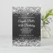 Silver Glitzer Black Brushed Metal 40. Geburtstag Einladung (Stehend Vorderseite)