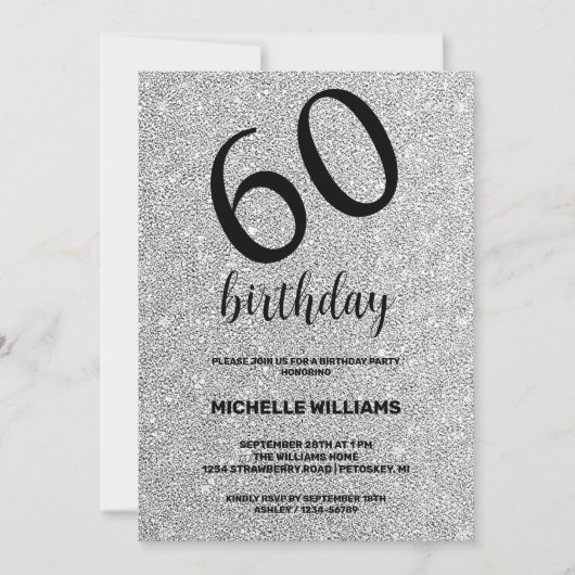 Silver Glitzer Black Calligraphy Geburtstag Einladung (Vorderseite)