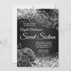 Silver Glitzer Black Floral Glam 16 . Geburtstag Einladung