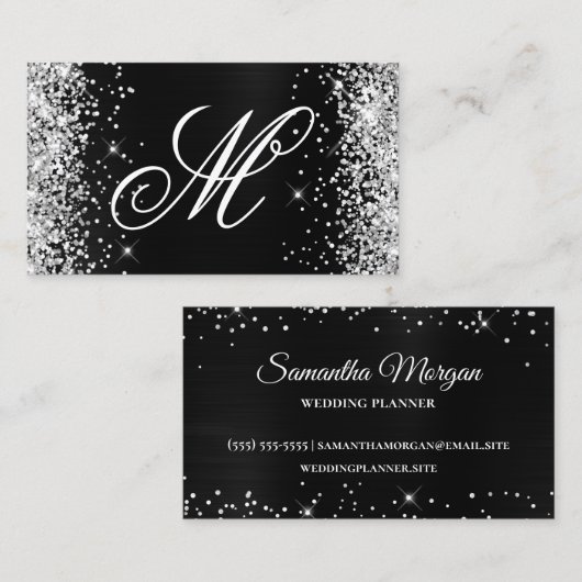 Silver Glitzer Black Foil Extravagant Mit Monogram Visitenkarte (Vorne/Hinten)