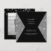 Silver Glitzer & Black Foto Wedding Save The Date (Vorne/Hinten)