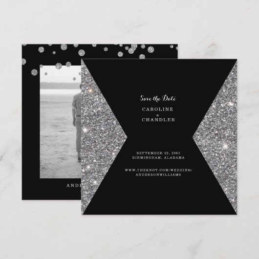 Silver Glitzer & Black Foto Wedding Save The Date (Vorne/Hinten)