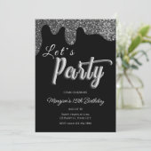 Silver Glitzer Black Girly Geburtstagsparty Einladung (Stehend Vorderseite)