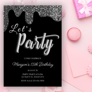 Silver Glitzer Black Girly Geburtstagsparty Einladung