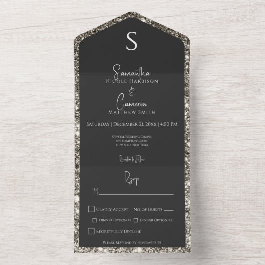 Silver Glitzer & Black Glam Modernes Abendessen All In One Einladung (Innen Boden)