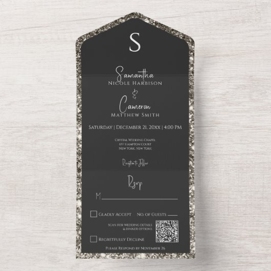 Silver Glitzer & Black Glam QR Code All In One Einladung (Innen Boden)