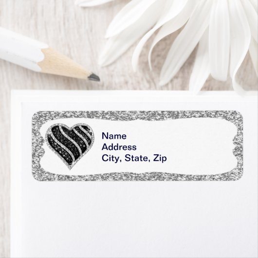 Silver Glitzer Black Heart Address Labels (Insitu)