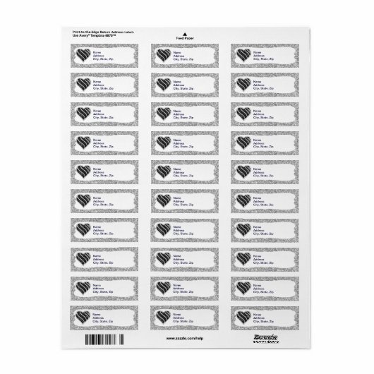 Silver Glitzer Black Heart Address Labels (Vorne)