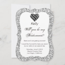 Silver Glitzer Black Heart Bridesmaid Card Einladung