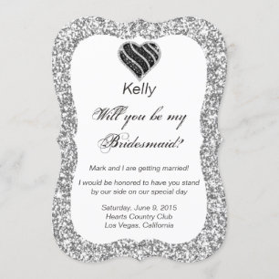 Silver Glitzer Black Heart Bridesmaid Card Einladung
