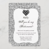 Silver Glitzer Black Heart Bridesmaid Card Einladung (Vorne/Hinten)