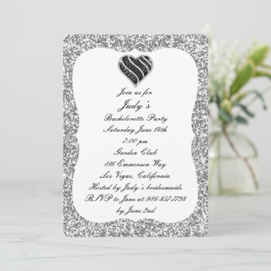 Silver Glitzer Black Heart Junggeselinnen-Abschied Einladung (Stehend Vorderseite)