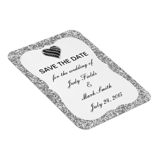 Silver Glitzer Black Heart Save the Date Magnet (Rechte Seite)