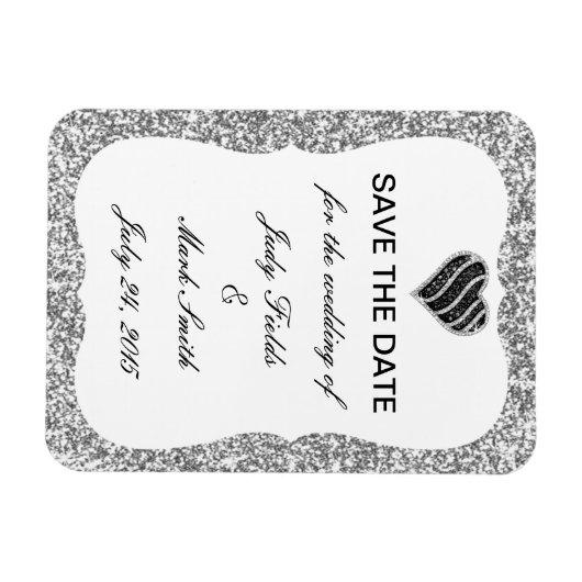 Silver Glitzer Black Heart Save the Date Magnet (Horizontal)