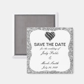 Silver Glitzer Black Heart Save the Date Magnet (Vorderseite/Rückseite)