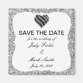 Silver Glitzer Black Heart Save the Date Magnet