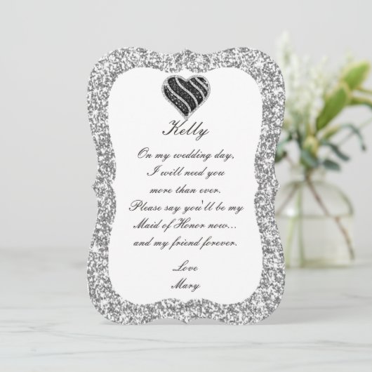 Silver Glitzer Black Heart Trauzeugin Card Einladung (Stehend Vorderseite)