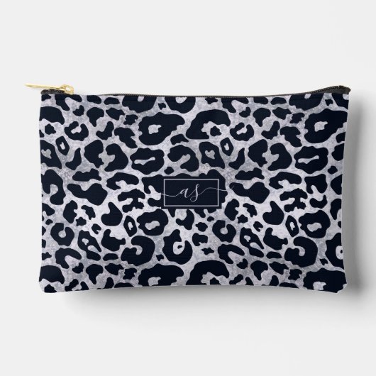 Silver Glitzer Black Leopard Print Mit Monogramm Zubehörtasche (Vorderseite)