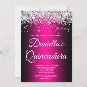 Silver Glitzer Black Magenta Ombre Quinceañera Einladung