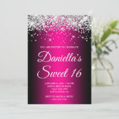 Silver Glitzer Black Magenta Ombre Sweet 16 Einladung (Stehend Vorderseite)
