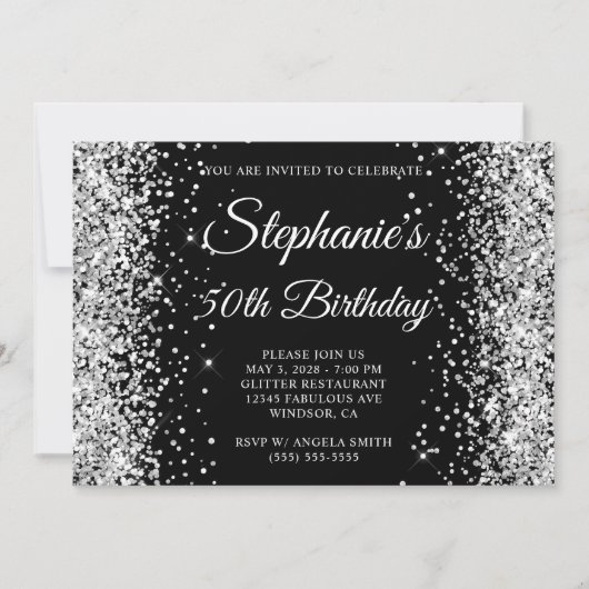 Silver Glitzer Black Monogram 50. Geburtstag Einladung (Vorderseite)