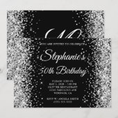 Silver Glitzer Black Monogram 50. Geburtstag Einladung (Vorne/Hinten)
