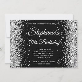 Silver Glitzer Black Monogram 50. Geburtstag Einladung