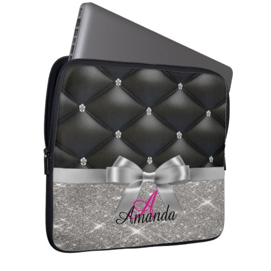 Silver Glitzer Black Monogram Electronics Bag Laptopschutzhülle (Vorne Rechts)