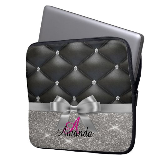 Silver Glitzer Black Monogram Electronics Bag Laptopschutzhülle (Vorderseite Links)