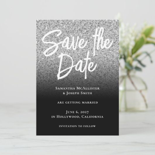 Silver Glitzer Black Ombre Save The Date (Stehend Vorderseite)