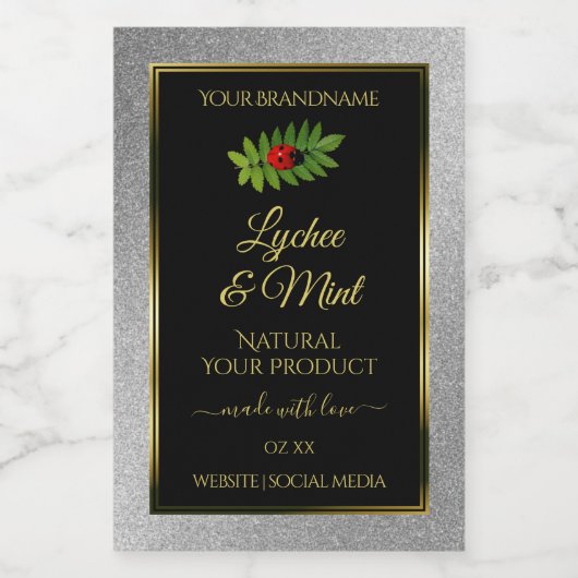 Silver Glitzer Black Product Labels Ladybug Leaf Lebensmitteletikett (Einzelnes Label)