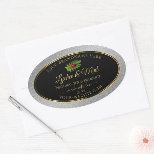Silver Glitzer Black Product Labels Ladybug Leaf Ovaler Aufkleber (Umschlag)