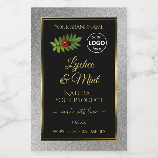 Silver Glitzer Black Product Labels Ladybug Logo Lebensmitteletikett (Einzelnes Label)