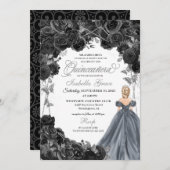 Silver Glitzer Black Rose Spanisch Quinceañera Einladung (Vorne/Hinten)