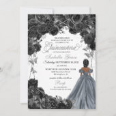 Silver Glitzer Black Rose Spanisch Quinceañera Einladung (Vorderseite)