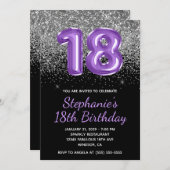 Silver Glitzer Black Royal Lila Number 18 Einladung (Vorne/Hinten)